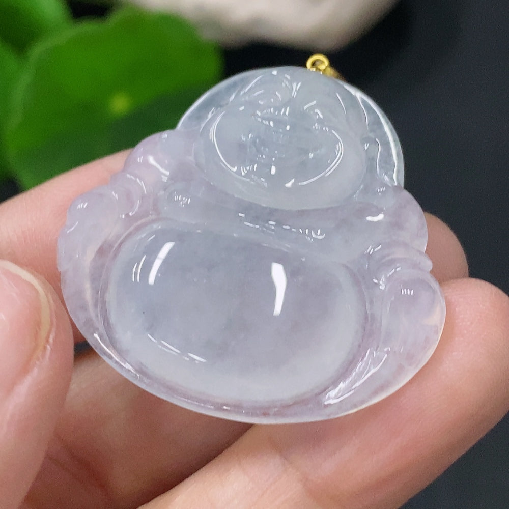 Huiliu Certified jadeite pendant featuring a Buddha figure with diamond accents, showcasing intricate craftsmanship and smooth jade surface.