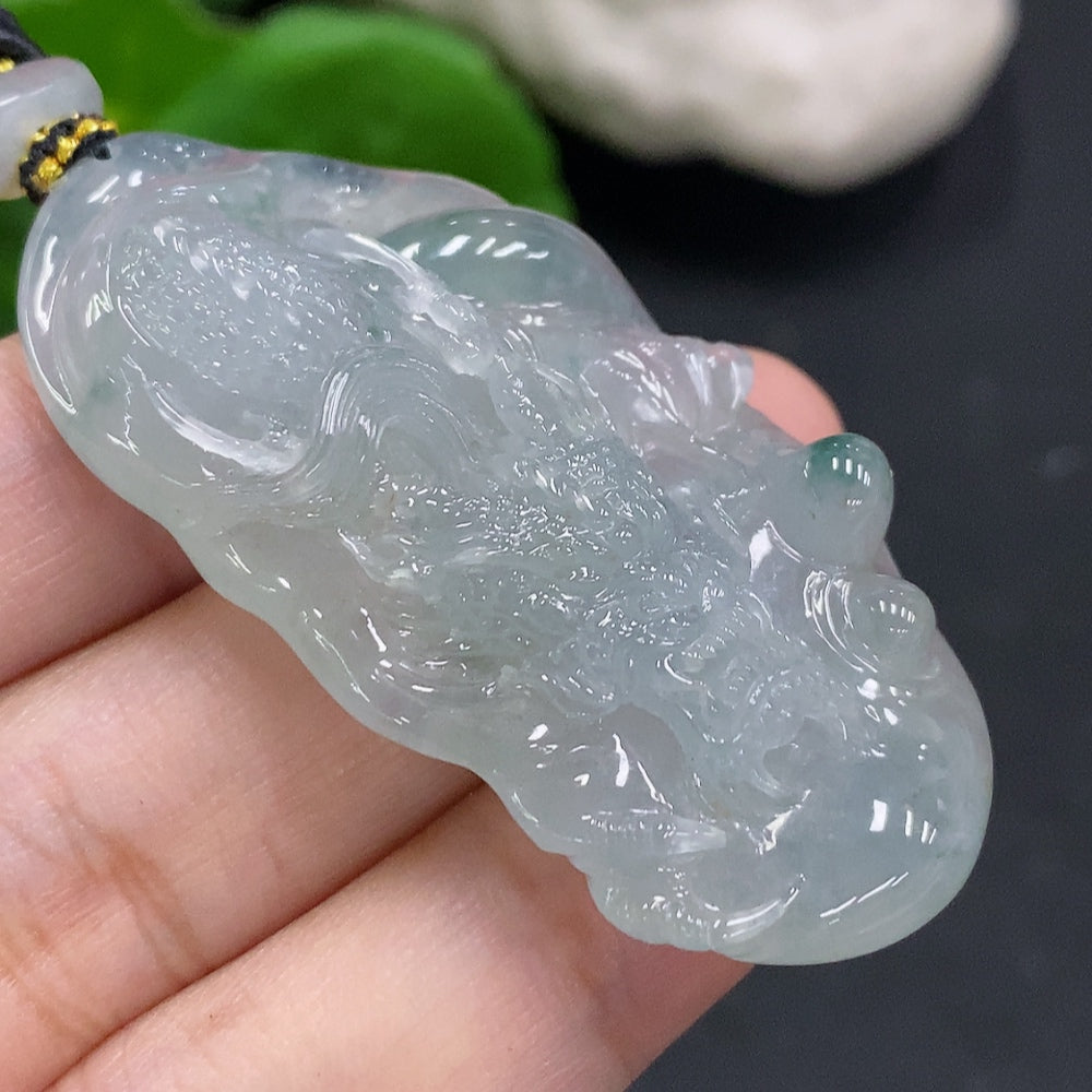Jadeite pendant dragon plaque with cord, crafted from green jade, weighing approximately 27.4g, by HUILIU HQ.