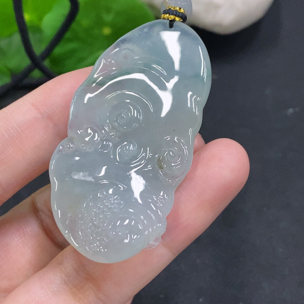 Jadeite pendant featuring a carved dragon plaque with cord, crafted by HUILIU HQ, weighing approximately 27.4 grams.