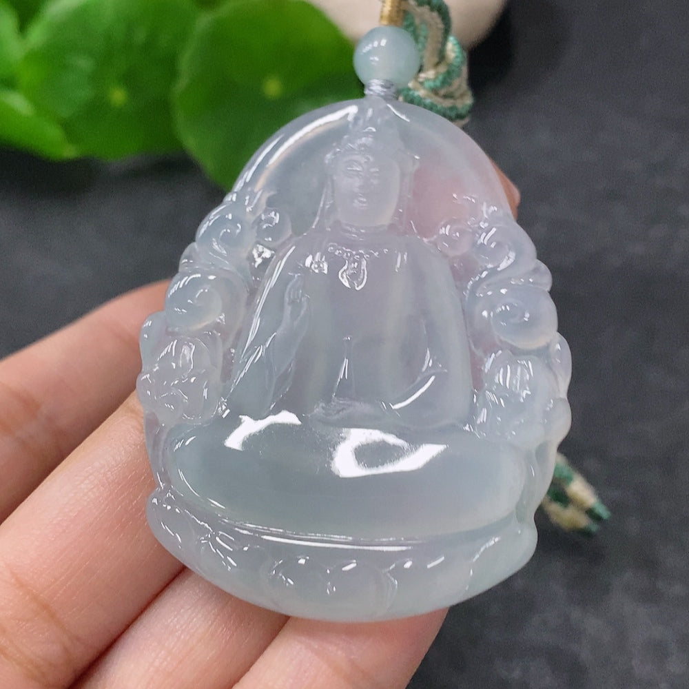 Jadeite Guanyin pendant with rope, crafted by HUILIU HQ, weighs approximately 24.8g, featuring intricate carved details.
