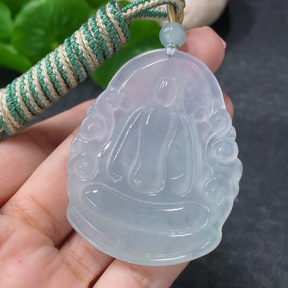 Jadeite Guanyin pendant with rope, HUILIU HQ, weighing approximately 24.8g, showcasing intricate carved religious figure on jade stone.