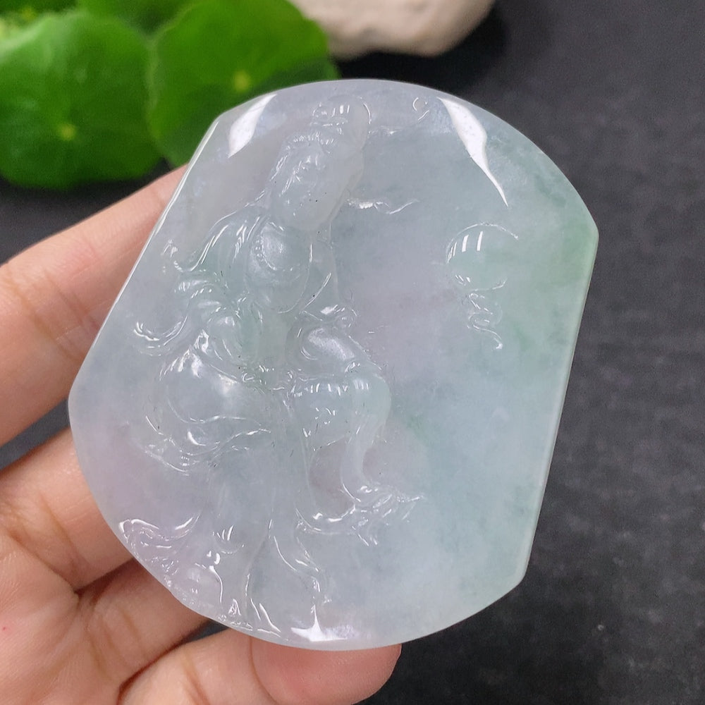 Jadeite pendant featuring Guanyin figure from HUILIU HQ, weighing approximately 40.73g, with intricate jade craftsmanship.