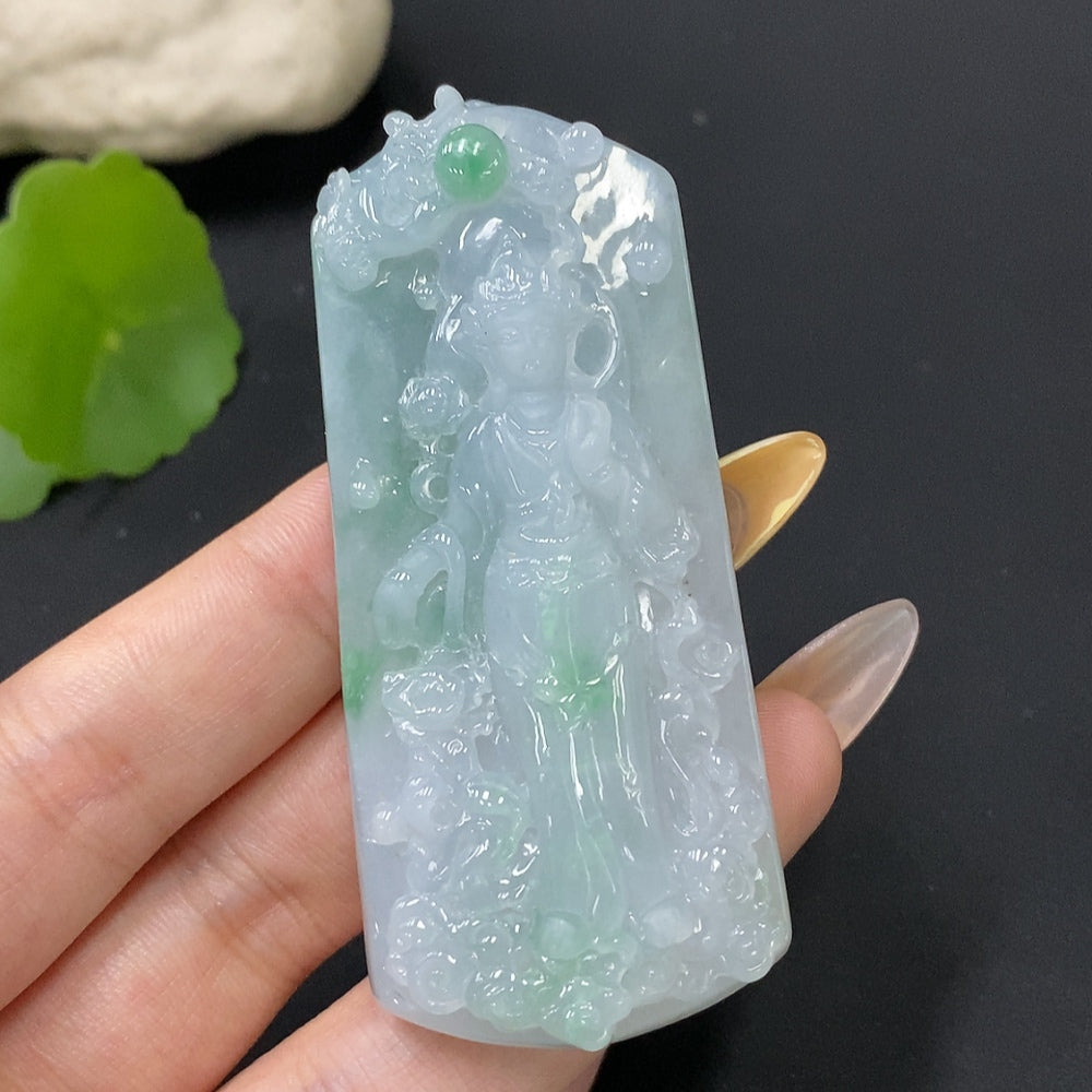 Jadeite pendant featuring Guanyin figure, crafted from green jade, weighing approximately 58.34 grams, by HUILIU HQ.