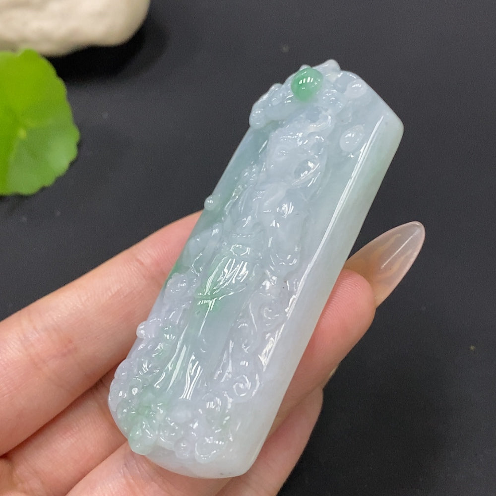 Jadeite Pendant featuring Guanyin figure from HUILIU HQ, weighing approximately 58.34g, with intricate carved details.