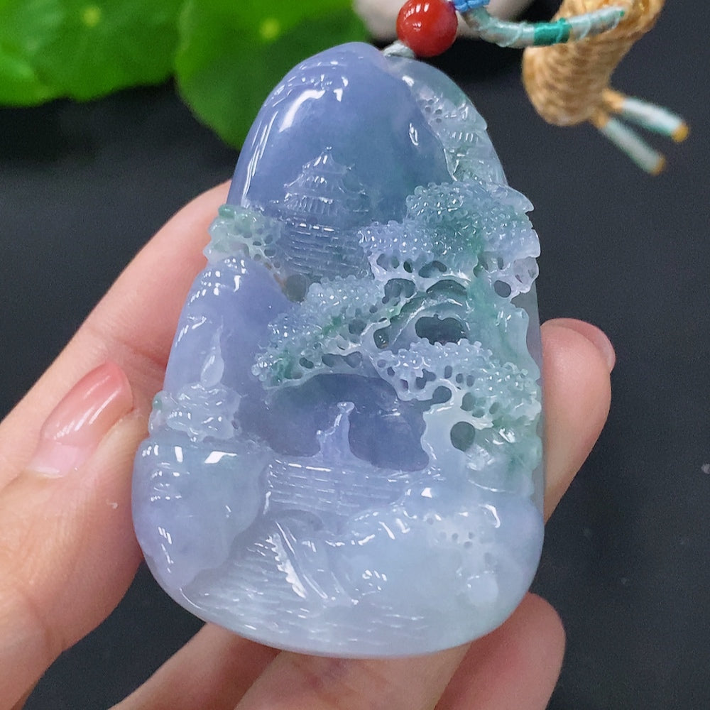 HUILIU HQ jadeite pendant landscape plaque, 47.8g, featuring non-A grade jade stones with intricate natural design.
