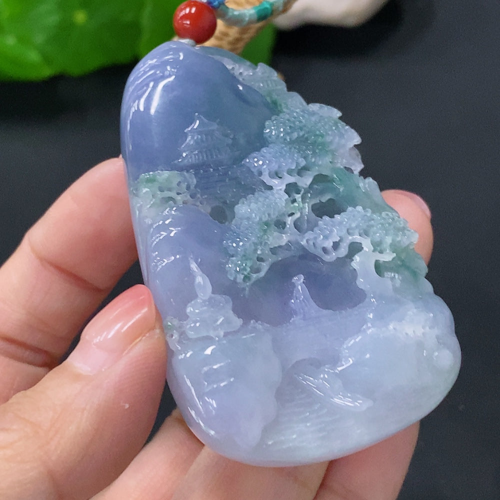 HUILIU HQ jadeite pendant landscape plaque weighing 47.8g with non-A grade stones, showcasing detailed carving and natural green hues.