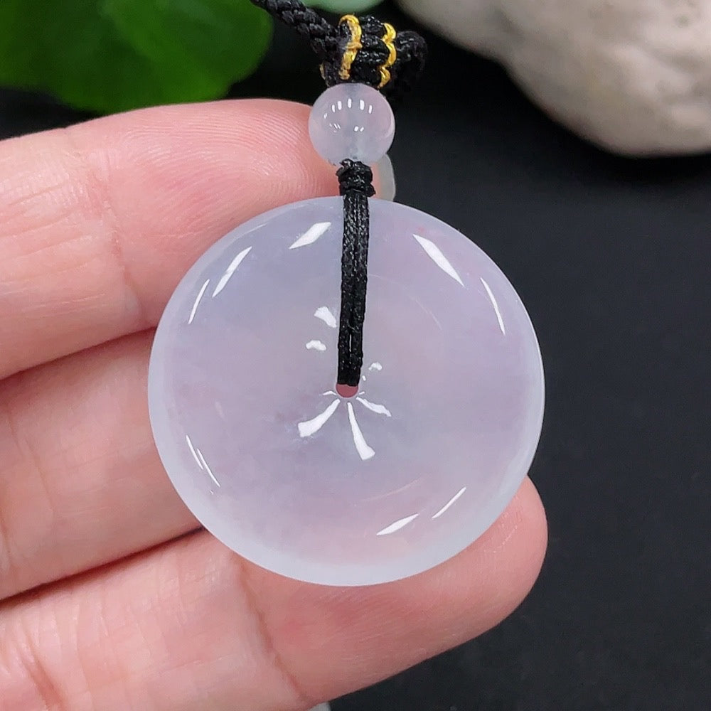 HUILIU HQ jadeite pendant with peace buckle design, approximately 10.77g, showcasing smooth green jade with intricate carving details.