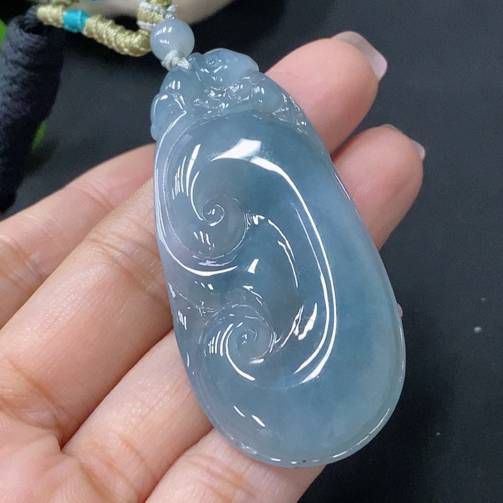HUILIU HQ jadeite pendant Ruyi with rope, total weight approx. 20.33g, showcasing smooth green jade and intricate design.