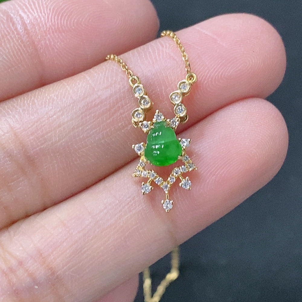 HUILIU HQ jadeite pendant with 18K gold and diamond accents, featuring a smooth, polished jade stone on a delicate chain.