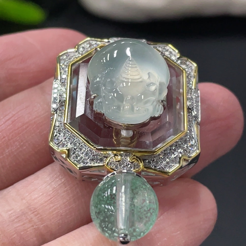 Huiliu Jadeite Pixiu pendant with diamond inlay, featuring accent stones, crafted from non-grade A jade, Huiliu certified jewelry.