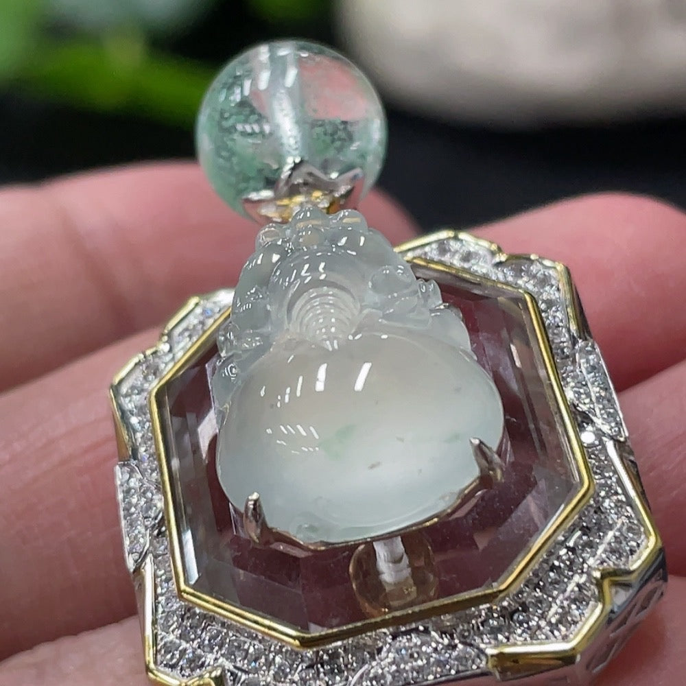 Huiliu Jadeite Pixiu pendant with diamond inlay, featuring accent stones, crafted from high-quality jadeite, certified by Huiliu HQ.