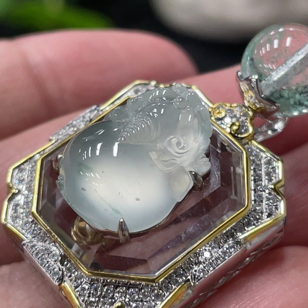 Huiliu Jadeite Pixiu pendant with diamond inlays, featuring accent stones, crafted from non-grade A jade, Huiliu certified jewelry.