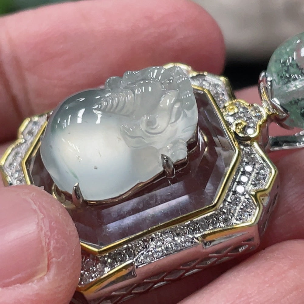 Huiliu Jadeite Pixiu pendant with diamond inlay, featuring accent stones, crafted from high-quality jade, certified by HUILIU HQ.