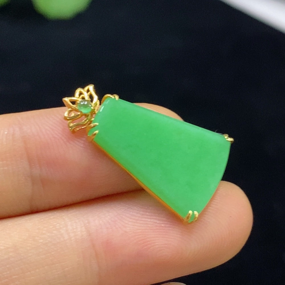 Jadeite plain pendant with 18k gold setting, lightweight jewelry piece, crafted by HUILIU HQ, featuring smooth jade stone.