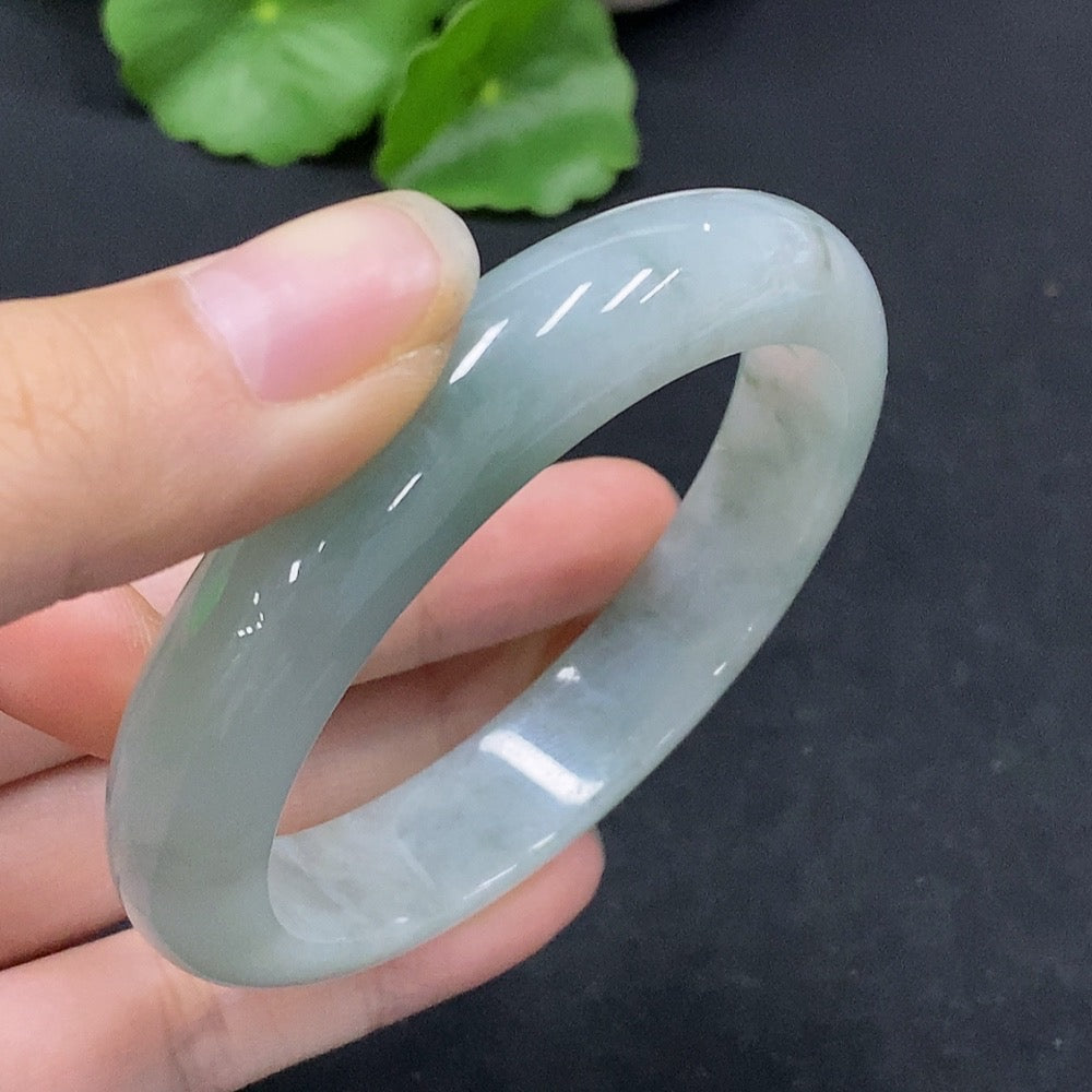 HUILIU HQ jadeite regular bangle with 55.8mm inner diameter and 52.13g weight, featuring smooth, polished jade surface.