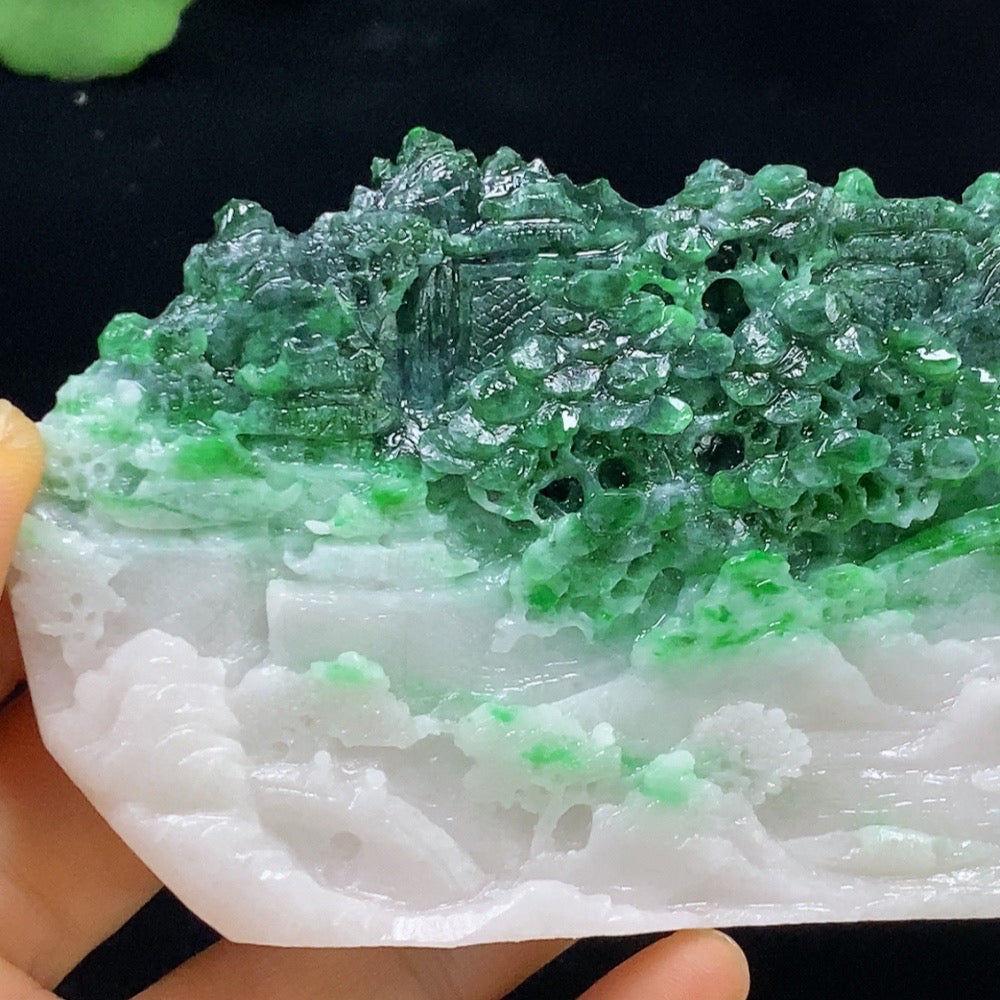 Huiliu Jadeite rough mountain and water display piece with mineral inclusions, showcasing natural jade mineral textures.
