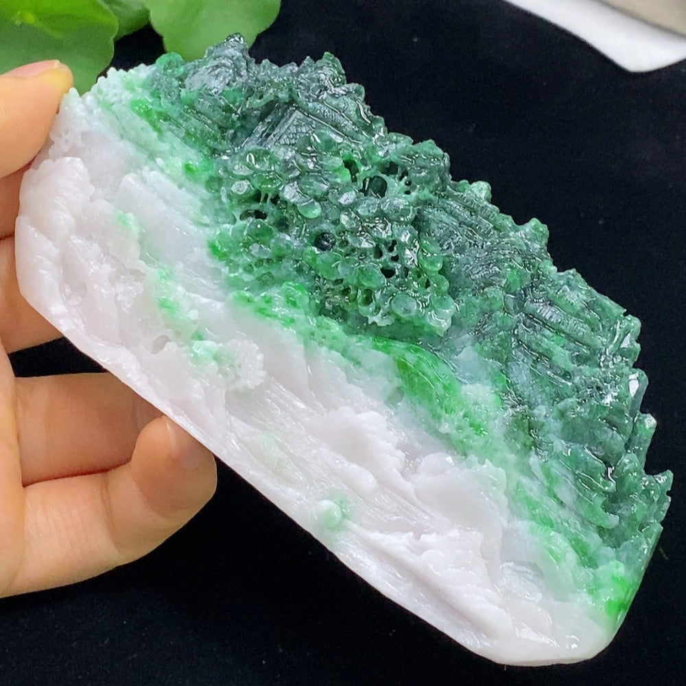 Huiliu Jadeite rough mountain and water display piece with mineral inclusions, showcasing natural jade and mineral components.
