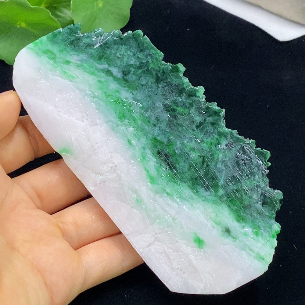 Huiliu Certified Jadeite rough mountain and water display piece with mineral components, showcasing natural jade and mineral textures.