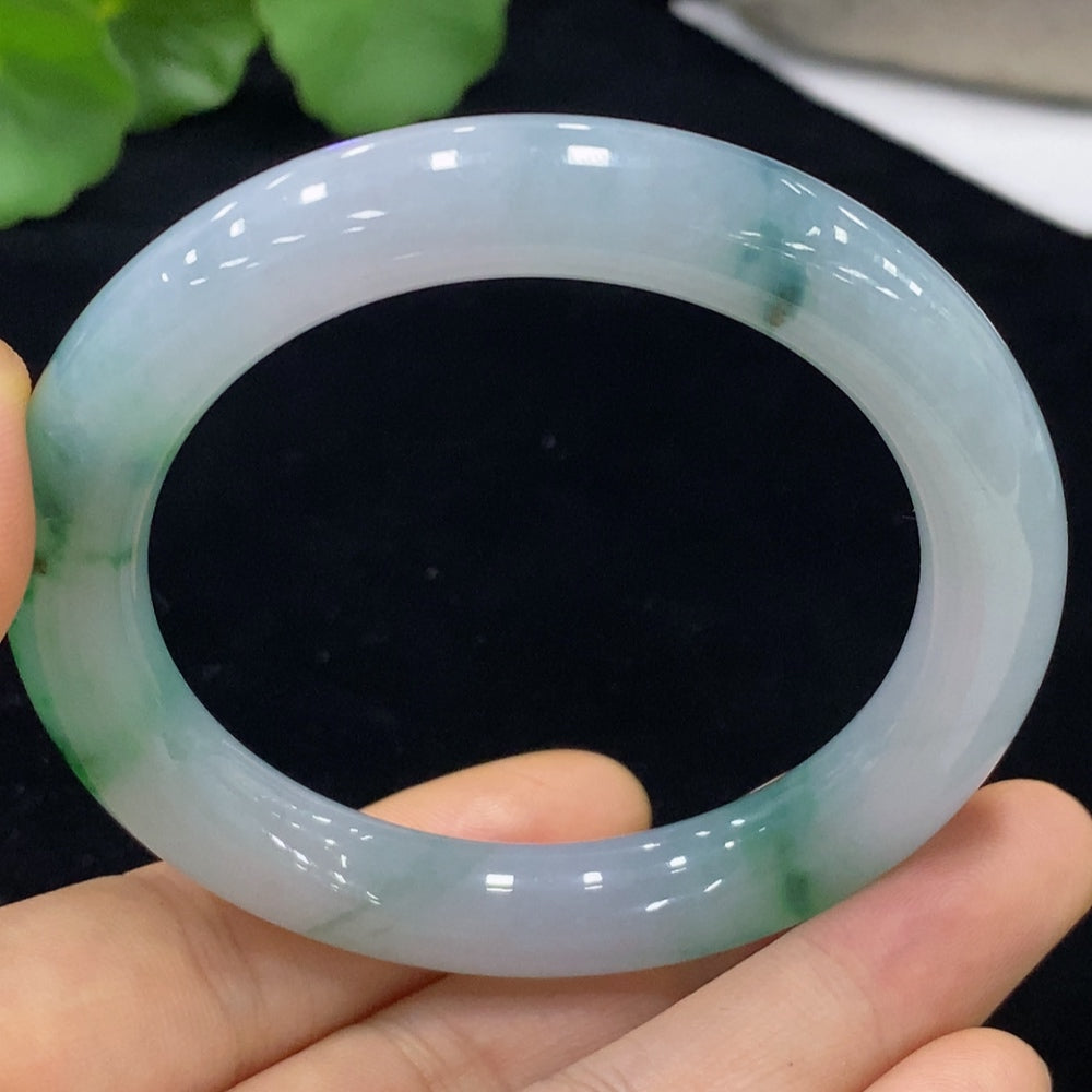 HUILIU HQ jadeite round bangle with mineral accents, weighs approx. 50.93g, size 52.4, natural green and mineral details.