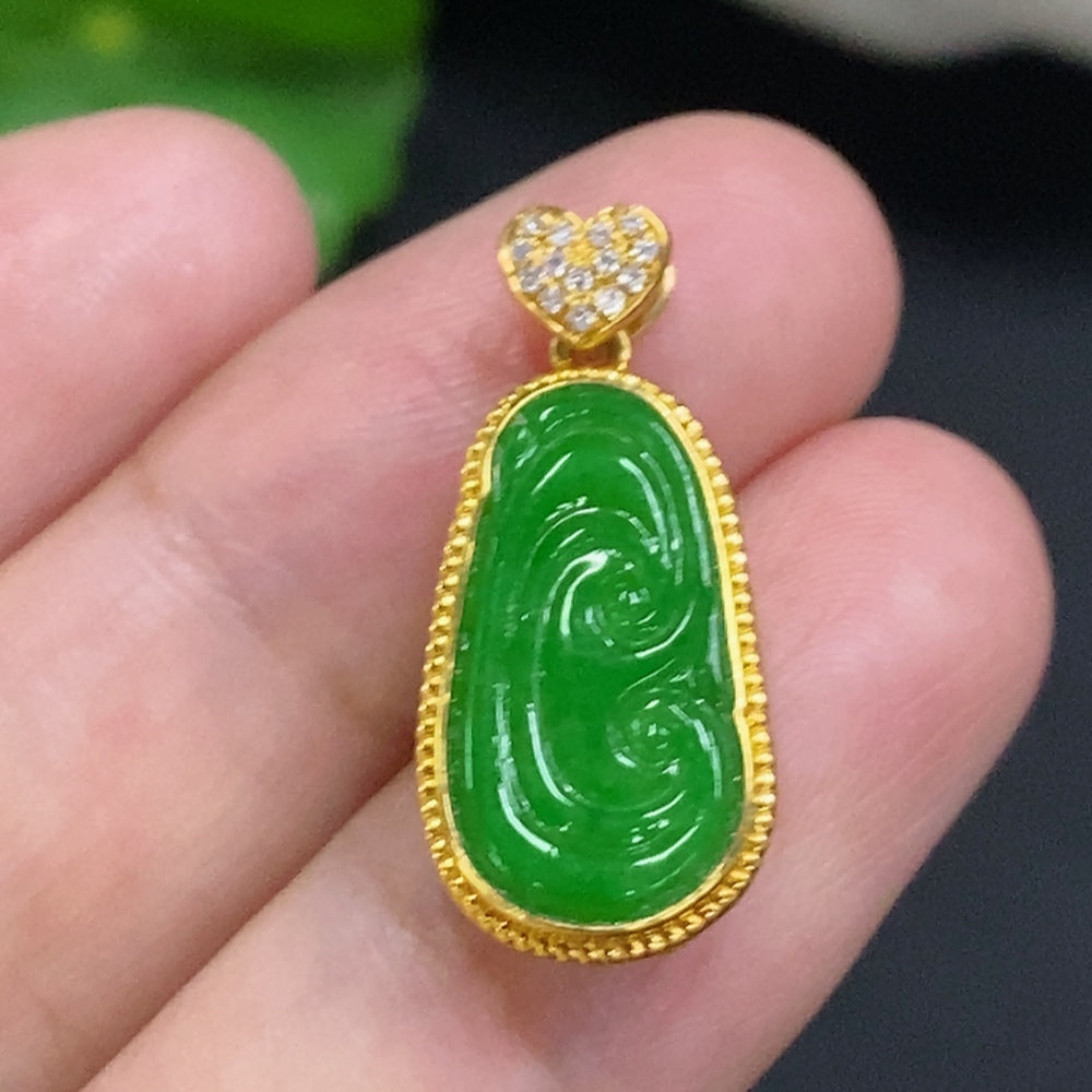 Jadeite Ruyi pendant with diamond accents in 18K gold, crafted by HUILIU HQ, featuring intricate inlaid jade design.