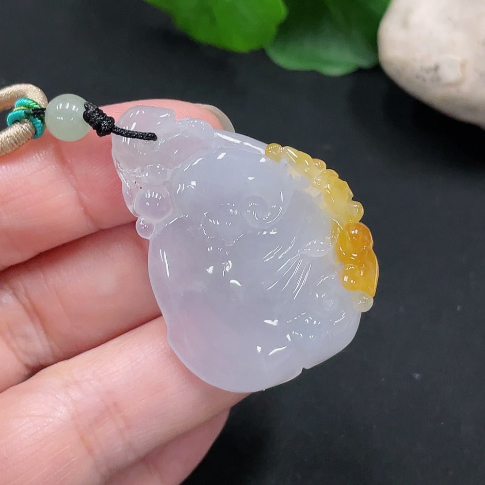 Jadeite Ruyi pendant from HUILIU HQ with matching beads, weighing approximately 16.3g, featuring a natural jade design on a rope.