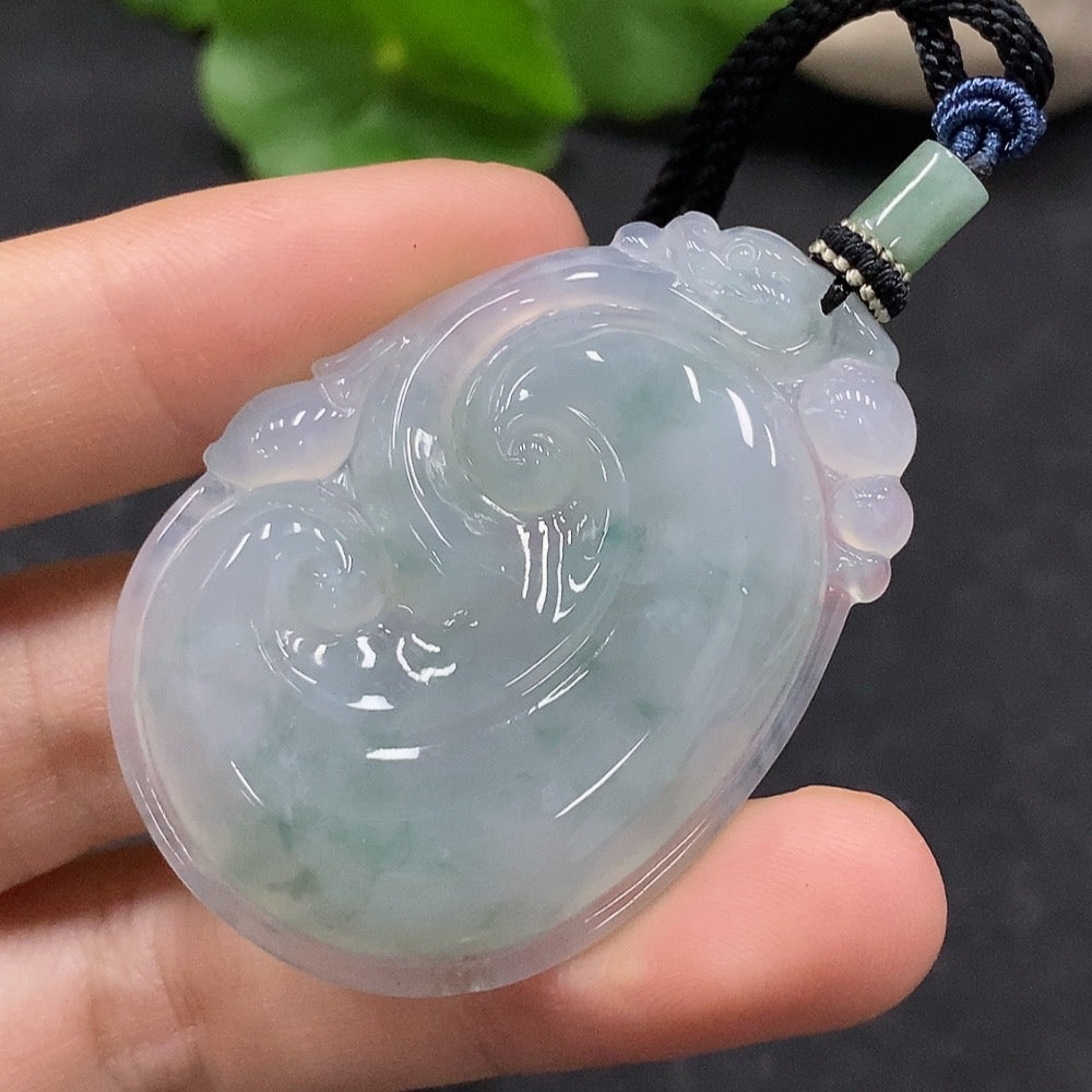 HUILIU HQ jadeite Ruyi pendant with cord, approximately 16.7g, showcasing smooth green jade carved in Ruyi shape.