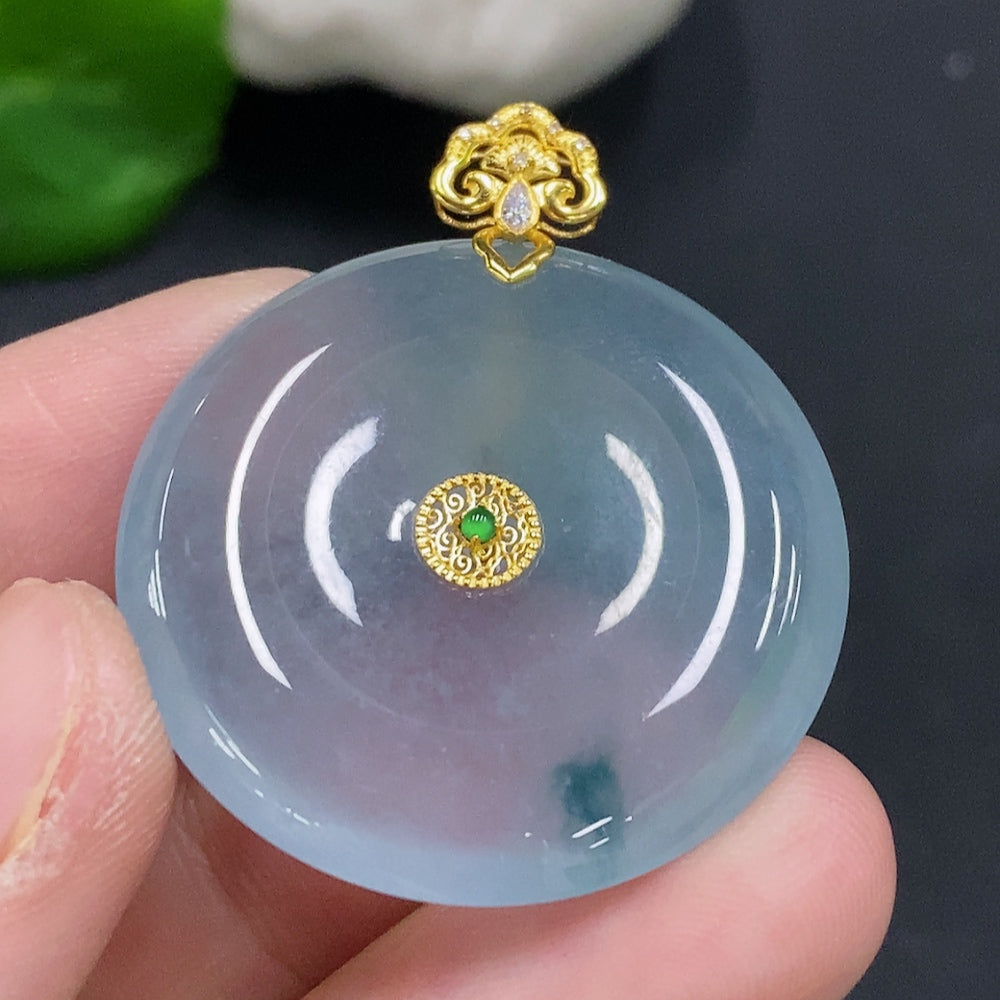 HUILIU HQ Jadeite safety buckle in 18K gold with small diamond accents, weighs approximately 10.9g, showcasing elegant jade craftsmanship.