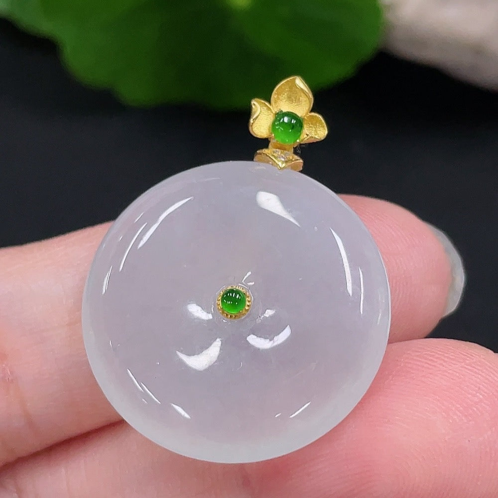 Huiliu HQ jadeite safety pendant with diamond accents, featuring a polished jade stone and intricate design on a silver chain.