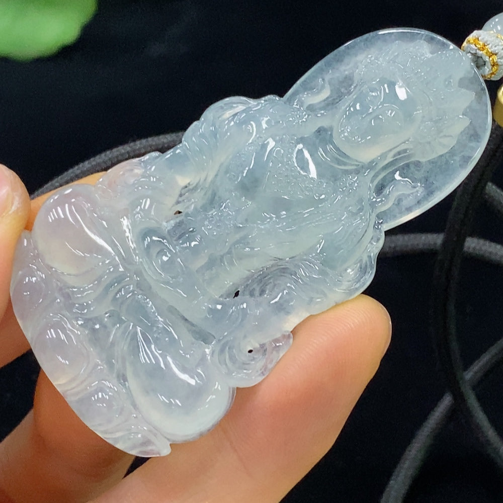 Jadeite Tara pendant from HUILIU HQ, approx. 30.85g with rope, featuring a collectible certificate and detailed craftsmanship.