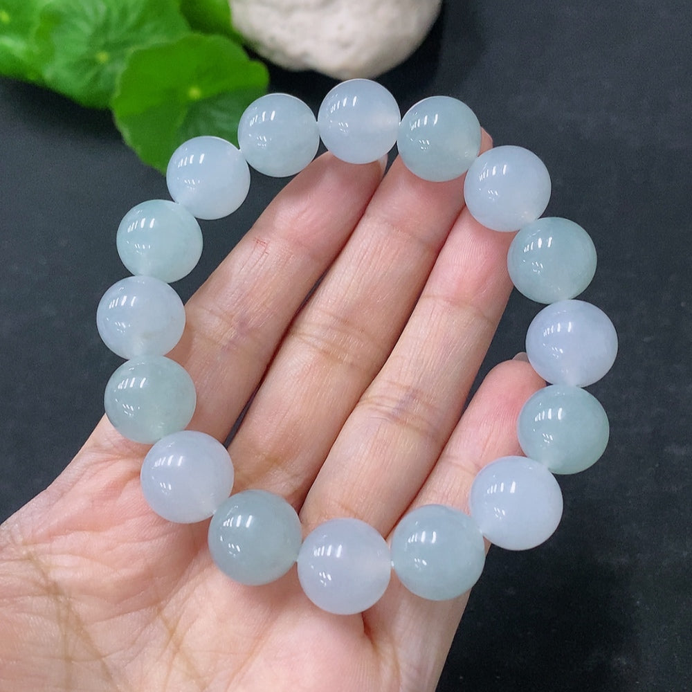 HUILIU HQ jadeite bead bracelet with approximately 12.5mm beads and total weight around 52.43g, showcasing smooth jade stones.
