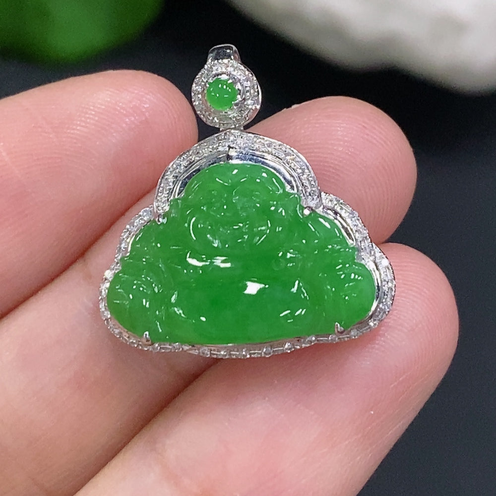 Jadeite Buddha pendant with 18K gold setting, showcasing smooth green jade and intricate Buddha design, crafted by HUILIU HQ.