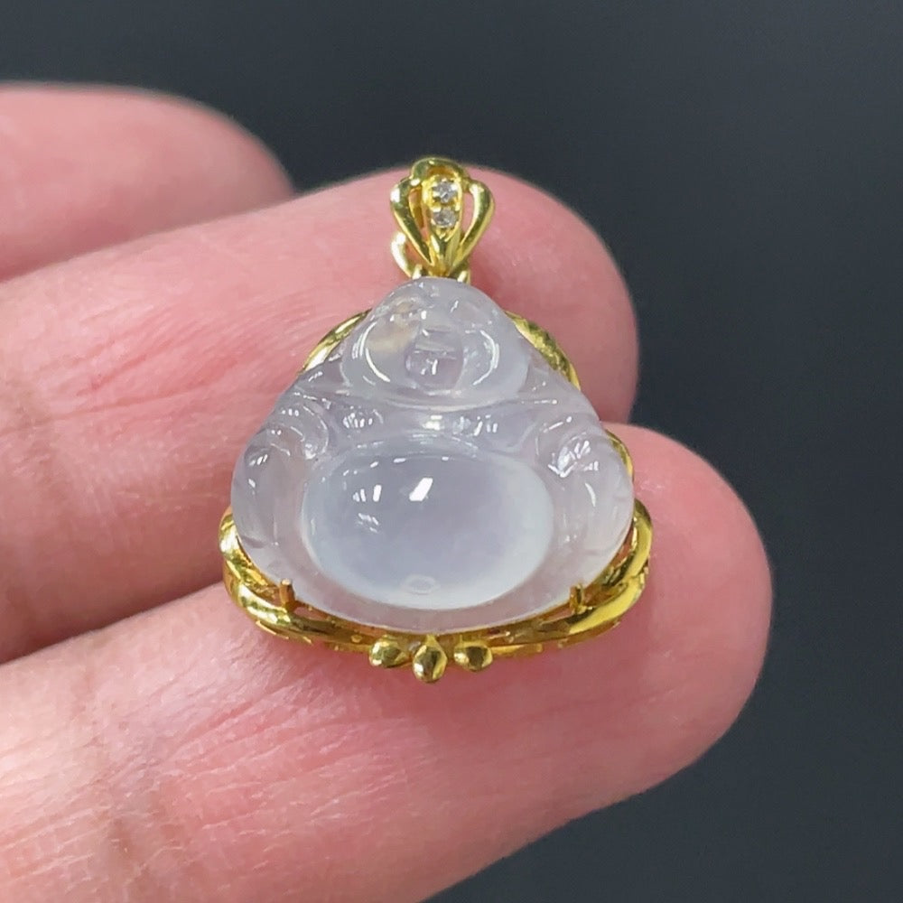 Jadeite Buddha pendant with 18K gold setting, featuring a smooth jade stone and intricate design, weighs approximately 1.78g.