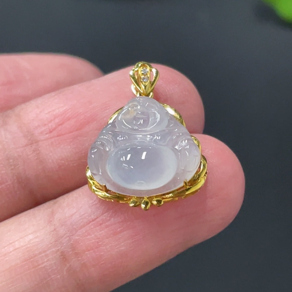 Jadeite Buddha pendant with 18K gold setting, small and elegant jewelry piece, weighing approximately 1.78g.