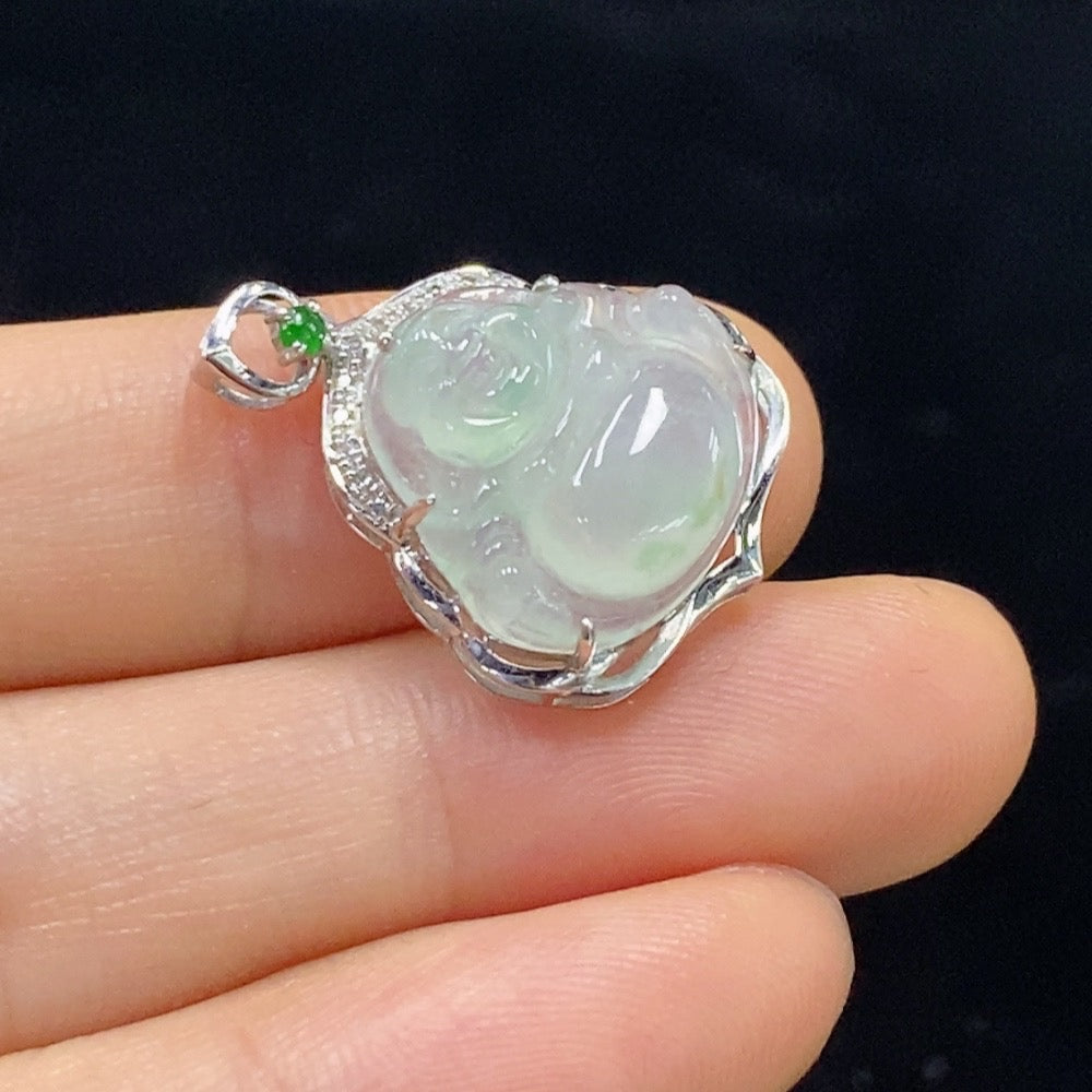 Jadeite Buddha pendant with 18K gold setting, showcasing intricate design and smooth jade surface, weighs approx. 2.3g.