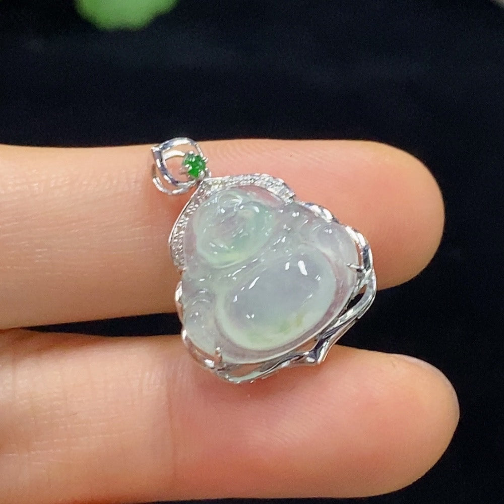 Jadeite Buddha pendant with 18K gold setting, handcrafted jewelry from HUILIU HQ, weighing approximately 2.3 grams.
