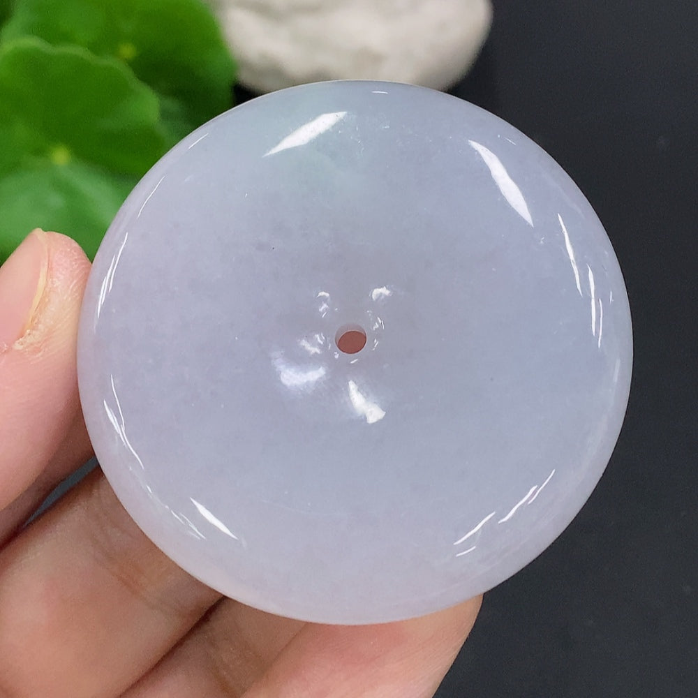 HUILIU HQ jadeite peace buckle, handcrafted jade jewelry piece weighing about 59.9g, showcasing smooth green jade with detailed carvings.