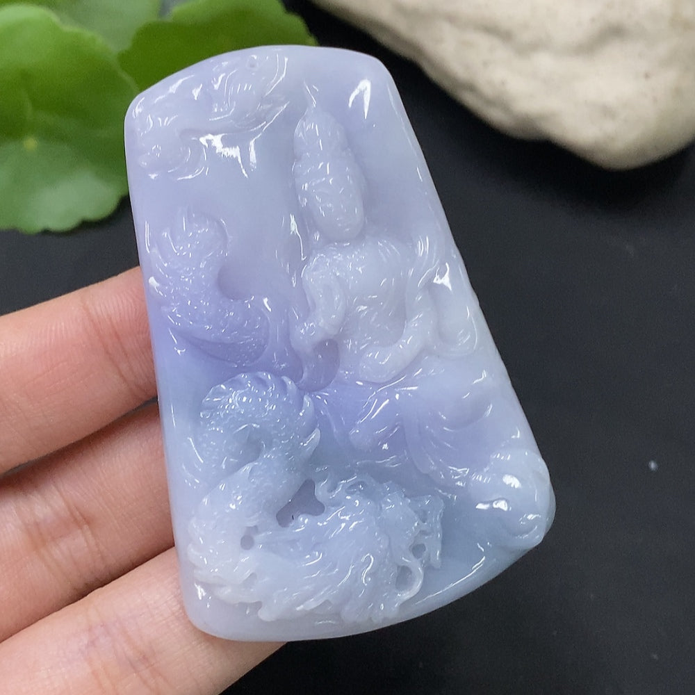 Jadeite pendant featuring an Imperial Dragon Guanyin design from HUILIU HQ, crafted from smooth, polished jadeite.
