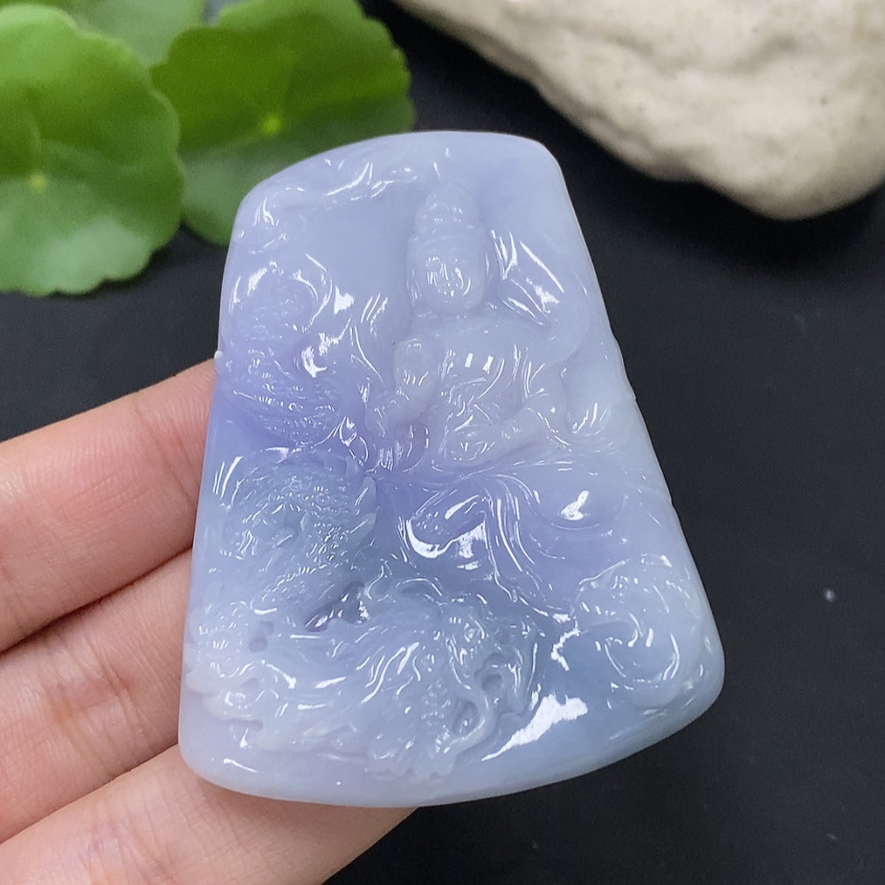 Jadeite pendant featuring an Imperial Dragon Guanyin design by HUILIU HQ, showcasing detailed jade craftsmanship and intricate carvings.