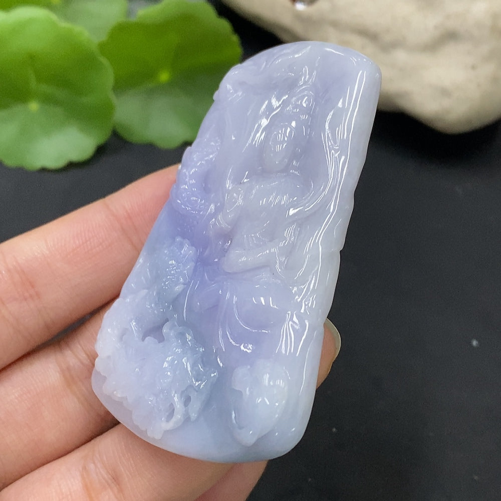 HUILIU HQ jadeite pendant featuring an Imperial Dragon Guanyin design, showcasing intricate carvings and vibrant jade color.