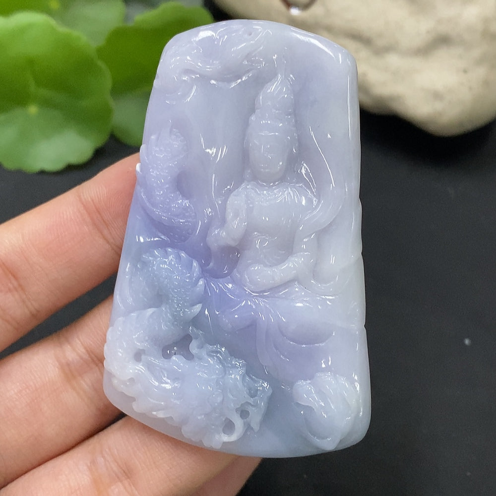 Jadeite pendant featuring an Imperial Dragon Guanyin design by HUILIU HQ, showcasing intricate jade craftsmanship and detailed carving.