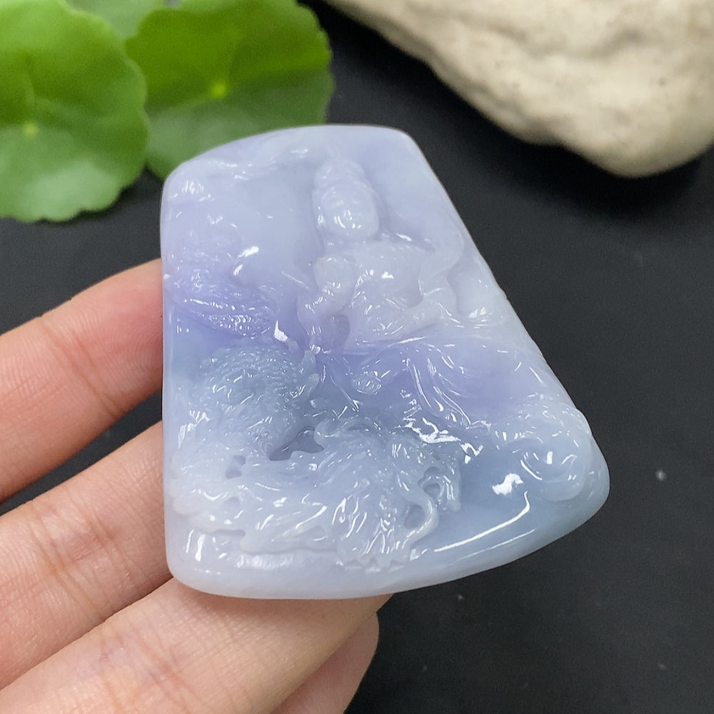 HUILIU HQ jadeite pendant featuring an Imperial Dragon Guanyin carved in green jade, detailed and polished.
