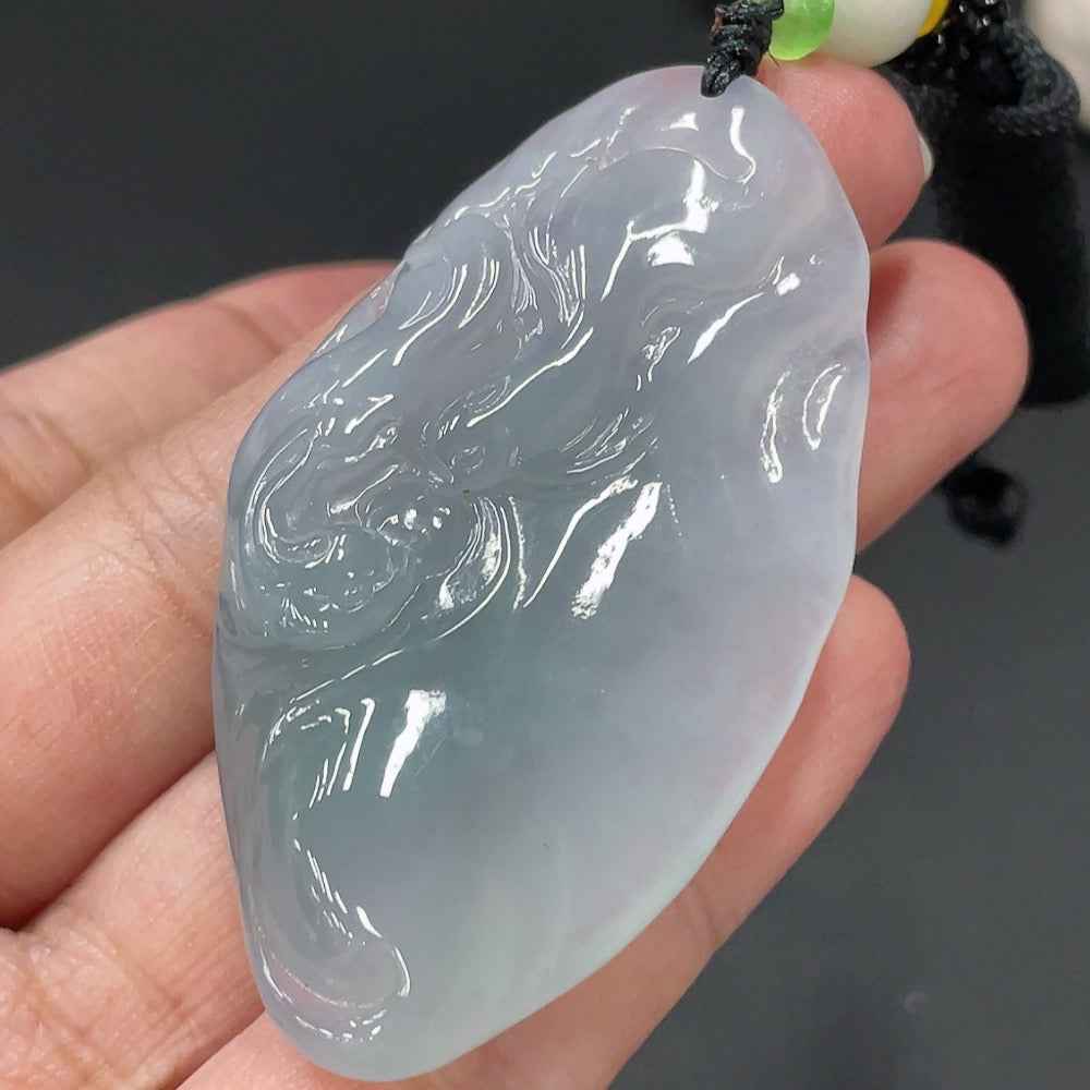 Huiliu HQ jadeite pendant featuring a lotus leaf and fish design with non-grade A beads, crafted from Huiliu certified jade.