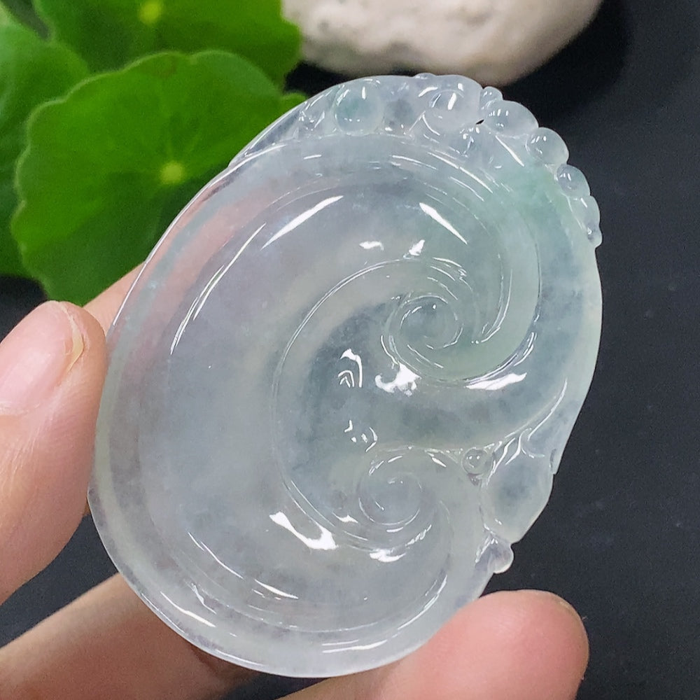 HUILIU HQ jadeite Ruyi pendant showing smooth, polished jade with intricate Ruyi design and natural green coloration