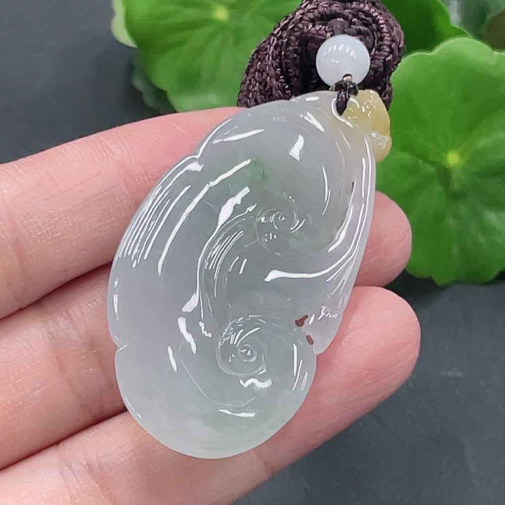 HUILIU HQ jadeite Ruyi pendant, smooth green jade with intricate carvings, weighs approximately 23.8g, traditional Chinese jewelry piece