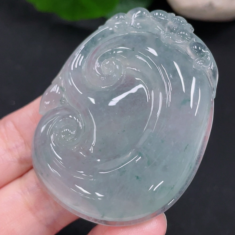 HUILIU HQ Jadeite Ruyi pendant, crafted from green jade, weighing approximately 32g, with intricate carved design.