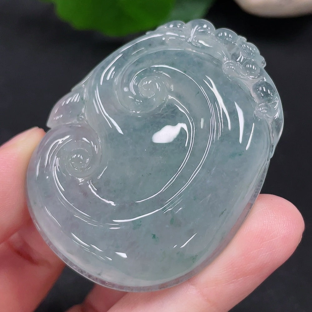 HUILIU HQ jadeite Ruyi pendant, carved jade jewelry weighing approximately 32 grams, featuring intricate traditional design.