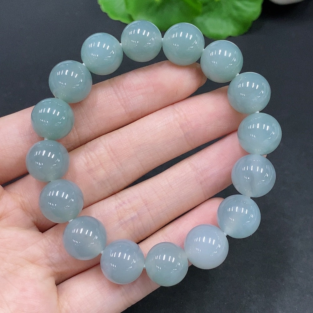 Huiliu Grade A jadeite bead bracelet with 12mm beads, natural jade, weighing approximately 49.8g, certified by HUILIU HQ.