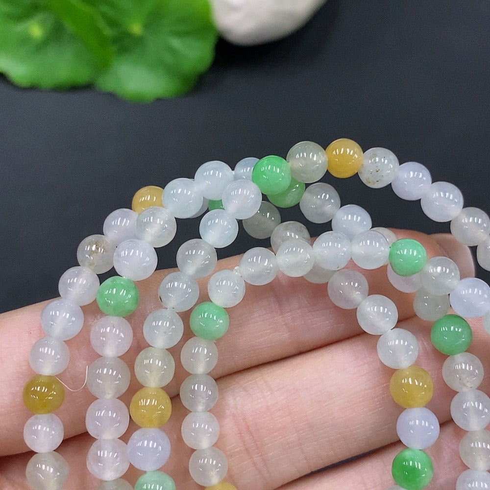 Huiliu Natural Grade A Jadeite Bead Necklace with 5.1mm beads, undetermined color, 32g, certified jade jewelry.