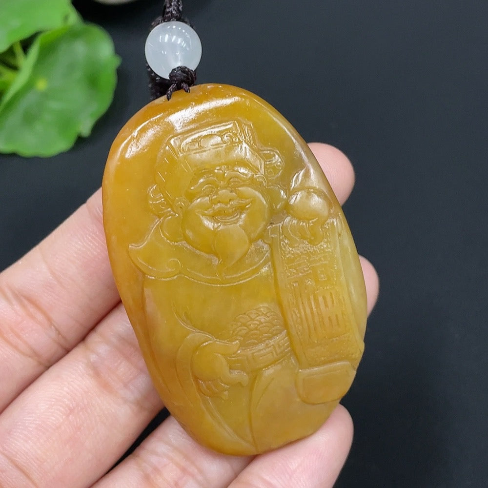 Natural Grade A Jadeite pendant featuring the God of Wealth design, includes rope, certified by Huiliu, with undetermined skin tone formation.