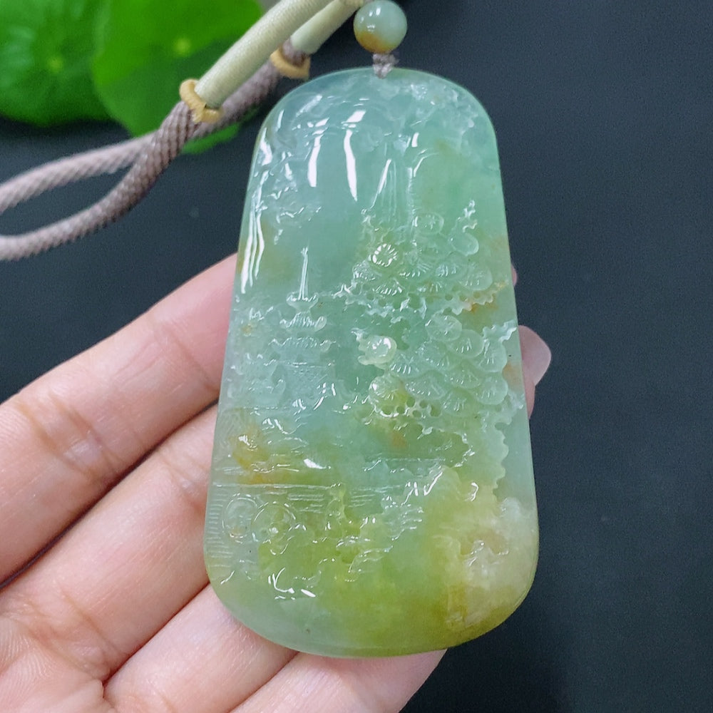 Natural Grade A jadeite pendant landscape plaque, HUILIU certified, showcasing intricate jade craftsmanship, weighs approximately 52g.